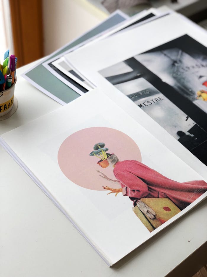 services-02 An artistic display of creative photographs and artwork on a desk, featuring vibrant colors and modern design.