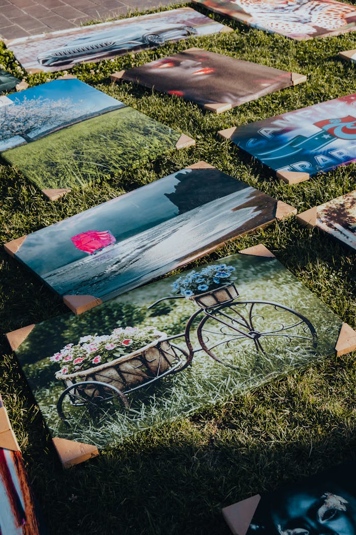 services-01 Colorful canvas prints laid out on grass, showcasing diverse artistic scenes in natural light.