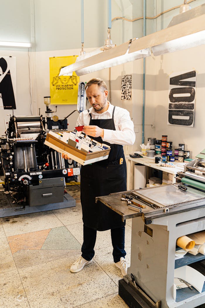 Adult man examining prints in an industrial workshop, highlighting craftsmanship.